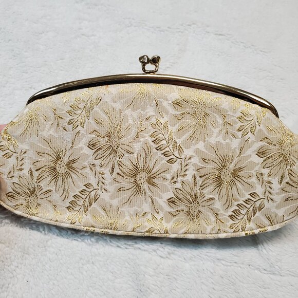 Avon Handbags - Vintage Avon Cream Gold Floral Brocade Metallic Clutch Bag Formal Dance Card